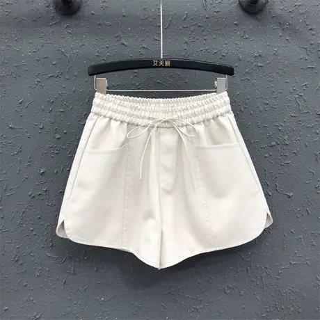 简约百搭休闲a字pu皮短裤欧货潮女秋新款显瘦韩版系带高腰阔腿裤图片