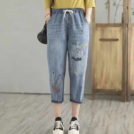 刺绣八分裤女夏薄款高腰显瘦小个子牛仔裤宽松哈伦裤松紧腰七分裤图片