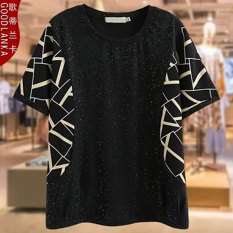 大码女装中年胖妈妈宽松短袖t恤女夏装时尚亮晶晶条纹撞色T恤上衣商品大图