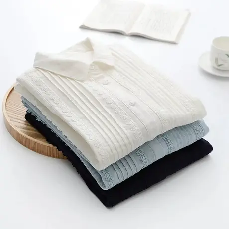 春季文艺小清新蕾丝花边风琴压褶双层纱纯棉白衬衫女宽松打底上衣图片