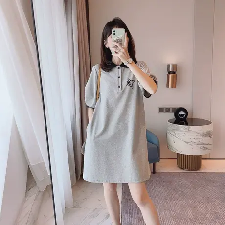 灰色polo连衣裙女宽松夏季2023新款大码胖mm显瘦中长裙纯棉t恤裙图片