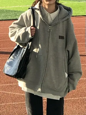 oversize卫衣女小个子春秋宽松连帽上衣慵懒风高级感薄款开衫外套商品大图