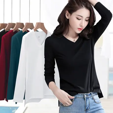女士打底衫春秋款薄v领遮肚肉减龄下摆开叉内搭外穿长袖上衣秋衣图片