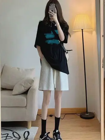 黑色仿棉短袖t恤女2023新款夏季小众设计感洋气减龄宽松大码上衣商品大图