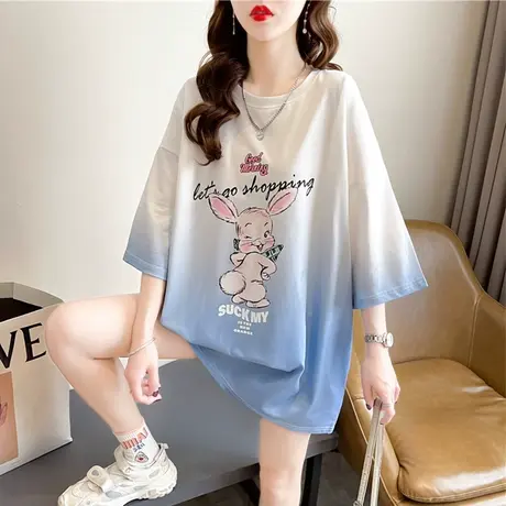 设计感小众短袖t恤女夏季韩版宽松大码女装中长款可爱扎染上衣服图片