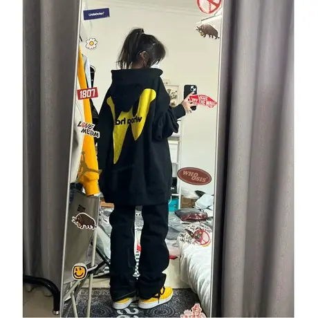 oversize加绒加厚连帽卫衣女秋冬2022新款小众设计感ins潮牌外套图片