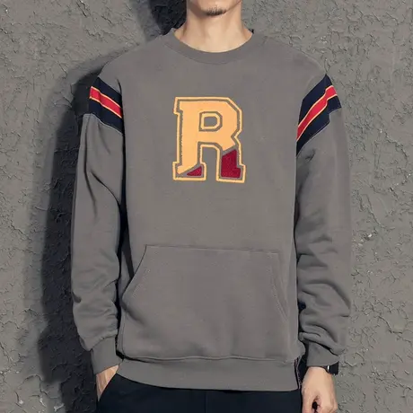 奕飏植绒字母设计韩版宽松拼色卫衣春秋男2019秋装上衣圆领外套潮商品大图