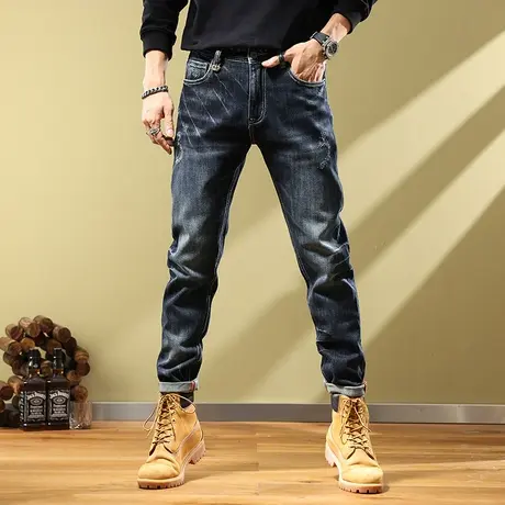 男士蓝黑色牛仔裤男潮牌宽松直筒秋季新款弹力休闲百搭修身长裤子商品大图