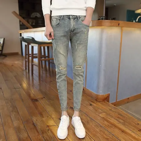 2023四季款时尚复古做旧破洞牛仔裤男青年乞丐小脚裤显瘦铅笔裤潮商品大图