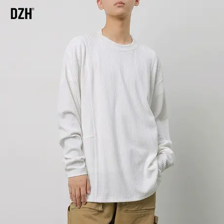 男士纯色圆领长袖t恤男春秋季潮牌男装休闲提花打底衫2023年新款商品大图