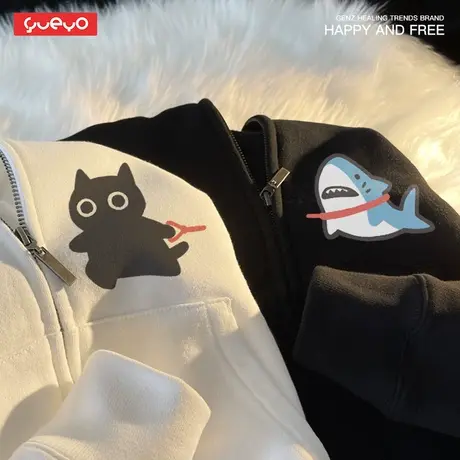 悦游 鲨猫 情侣外套猫咪钓鱼可爱男加绒连情侣装卫衣春秋ins图片