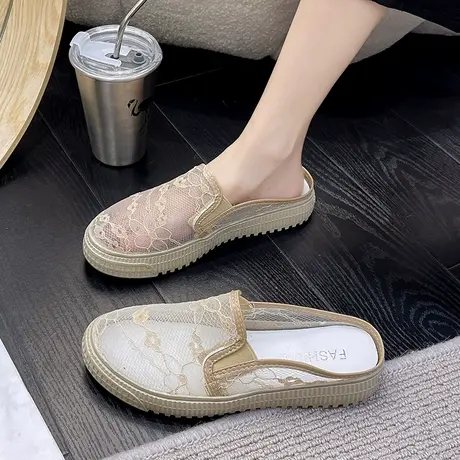 网纱半拖鞋女新款外穿2023年夏季网红百搭懒人包头凉拖厚底渔夫鞋商品大图