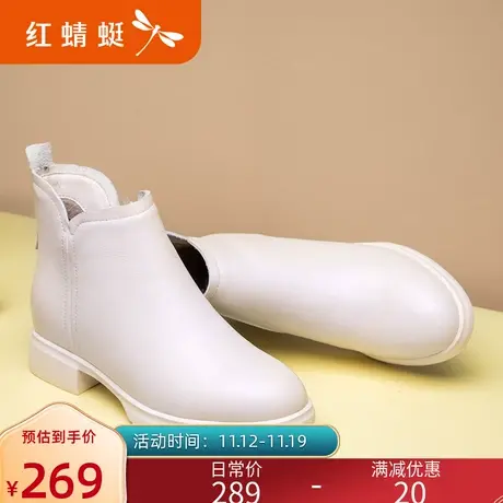 红蜻蜓女鞋冬季妈妈鞋加绒棉鞋真皮休闲短靴圆头粗跟女靴单靴棉靴图片
