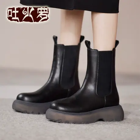 吐火罗女鞋2022新款松紧坡跟切尔西靴时尚百搭瘦瘦靴平底马丁靴女图片