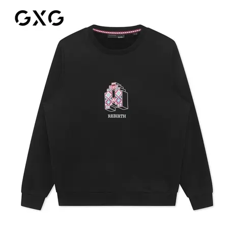 GXG男装 秋季黑色休闲日常潮流圆领卫衣刺绣上衣GC131517L图片