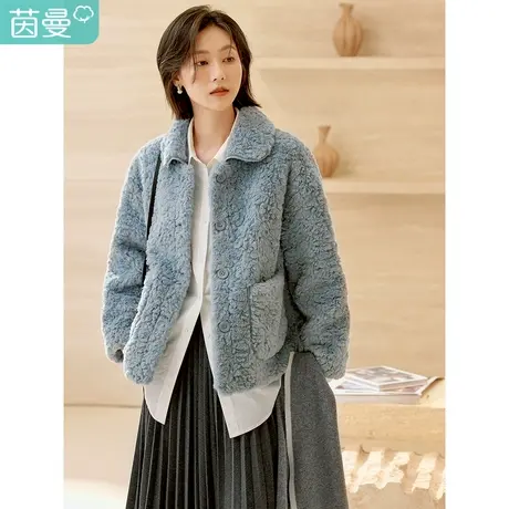 茵曼2023冬女装新款简约休闲宽松配仿珍珠链条小包长袖羊羔绒外套图片