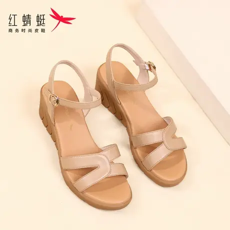 红蜻蜓妈妈凉鞋女夏季新款真皮坡跟一字带中老年防滑高跟女鞋夏天图片