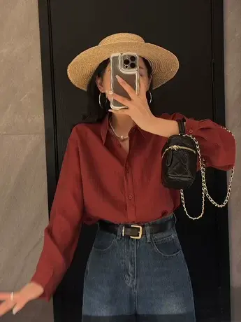 港风休闲长袖春秋衬衫女设计感小众宽松叠穿上衣红色洋气百搭衬衣商品大图