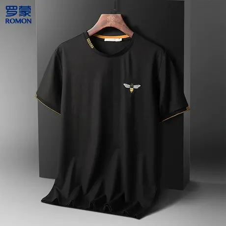 【含桑蚕丝】罗蒙新款纯色绣花舒适莫代尔弹力透气短袖t恤男图片