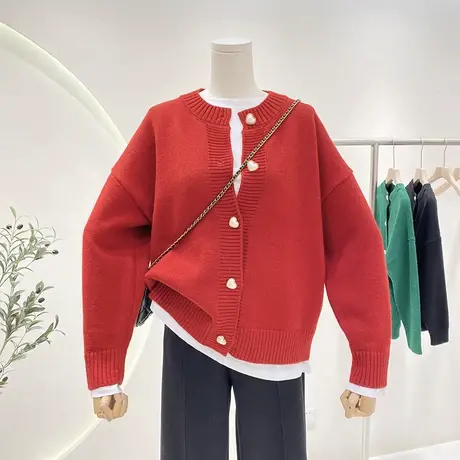 羊绒开衫女冬设计感小众单排纽扣桃心宽松显瘦圆领针织衫毛衣外套商品大图