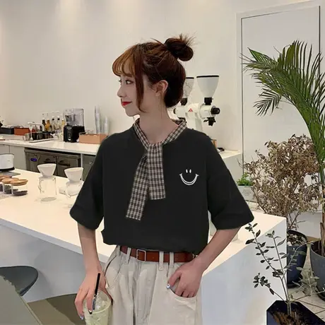 2023年新款春夏季情侣女装别致小众设计感上衣服正肩短袖t恤潮ins商品大图