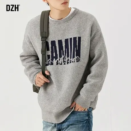 男士灰色圆领毛衣男宽松慵懒风套头针织衫2023年新款冬季日系外套商品大图