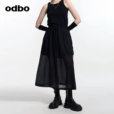 odbo/欧迪比欧原创设计半身裙2025春夏新款高腰A字裙网纱中长裙图片