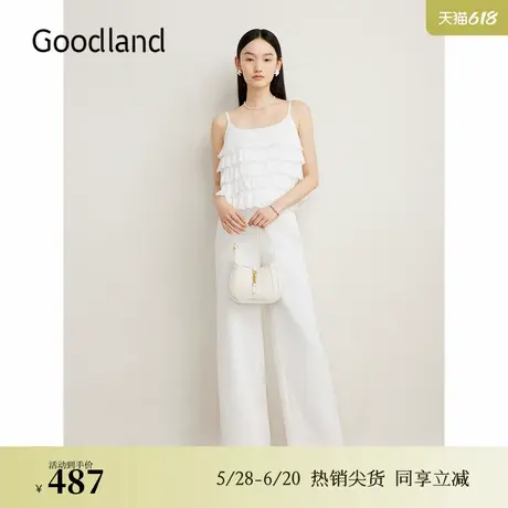 Goodland美地女装夏季法式优雅高腰直筒白色凉感休闲裤商品大图