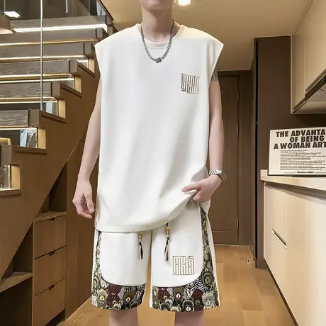 运动休闲套装男ins夏季2025新款宽松刺绣坎肩无袖背心短裤两件套图片