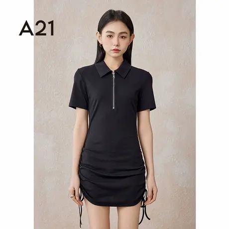 A21女装翻领小落肩短袖包臀针织连衣裙夏季辣妹POLO领运动风短裙图片