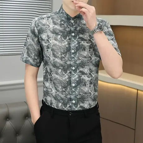 夏季棉麻衬衫高级感透气短袖衬衣中青年男痞帅花寸衫上衣商务休闲图片