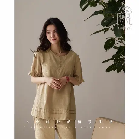 妮狄娅睡衣女夏季纯棉短袖带胸垫简约侘寂风纯色可外穿家居服套装商品大图