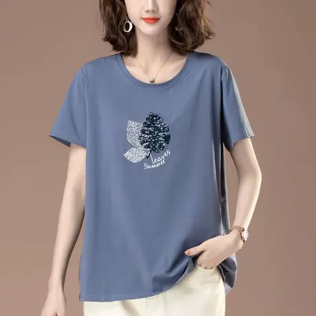 纯棉短袖T恤女夏季加肥加大码女装宽松中年妈妈休闲百搭显瘦体恤商品大图