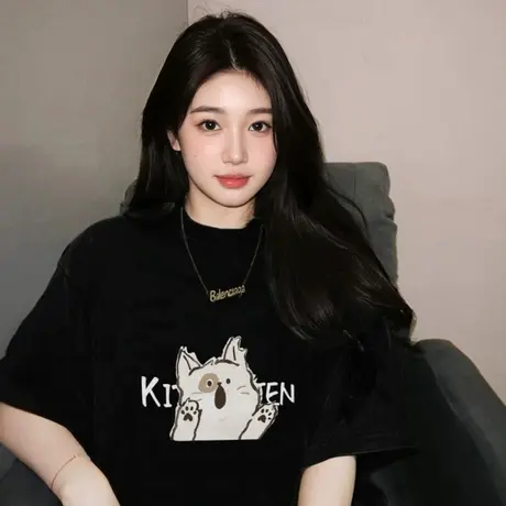 KWV真维斯纯棉短袖t恤女夏黑色2025新款宽松大码印花chic韩系上衣商品大图