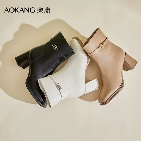 奥康 女鞋秋冬粗高跟时装靴百搭跟瘦靴显瘦小短靴女鞋商品大图