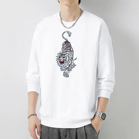 重磅纯棉卫衣男秋季摇粒绒无帽上衣宽松潮流老虎印花白色长袖t恤商品大图