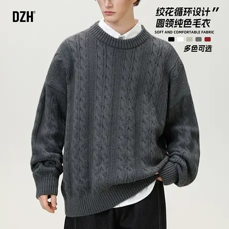 男士深灰色圆领提花毛衣男秋季宽松上衣针织衫毛线衣2025新款男装图片