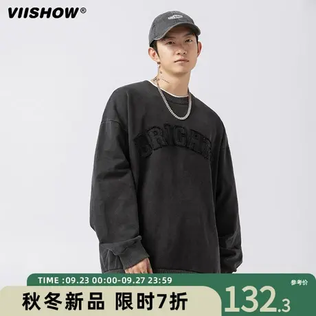 VIISHOW日系复古砂洗做旧刺绣圆领纯棉卫衣男宽松字母贴布绣上衣商品大图