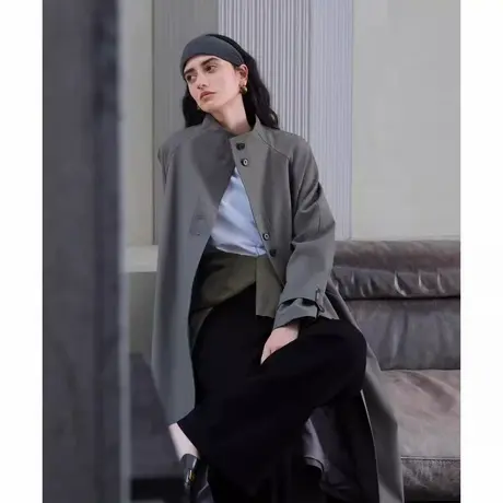 爵莱菲大码小个子复古立领中长款风衣外套女2025新款短款大衣胖mm图片