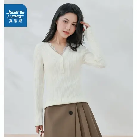 KF真维斯甜美女式显瘦V领针织衫 2025秋季新品 小清新拼蕾丝毛衣商品大图