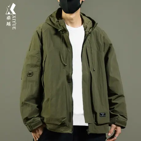 绿色防水夹克外套男士宽松大码多口袋连帽登山服秋季户外冲锋衣潮商品大图