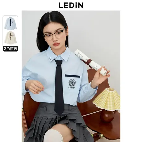 乐町学院风长袖衬衫2023秋冬新款女生前胸logo宽松女生内搭上衣商品大图