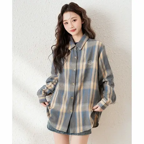 唐狮春秋新款长袖衬衫女百搭时尚休闲格子女士衬衫外套初秋d2TD图片