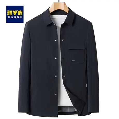雅鹿男士翻领夹克春秋款复古潮流百搭纯色休闲品牌长袖衬衫领外套商品大图