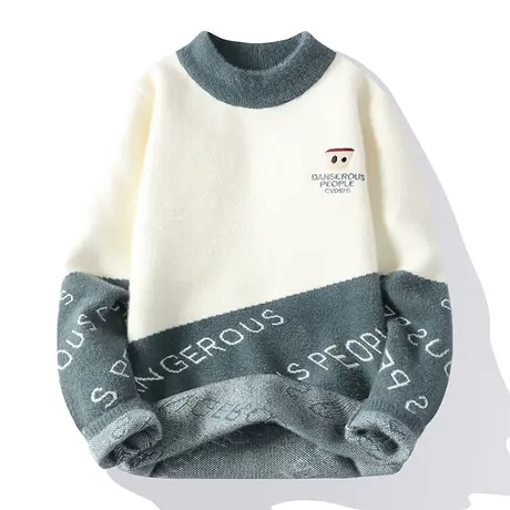 撞色拼接毛衣男冬季圆领针织衫男潮牌痞帅打底衫慵懒风毛线衣外套商品大图