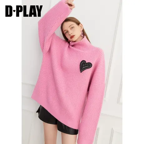 DPLAY秋新甜美草莓果酱粉高领撞色立体皮爱心落肩针织上衣商品大图
