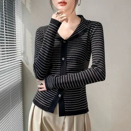 条纹针织开衫女外套2023秋冬新款韩版修身外穿单排扣长袖翻领上衣商品大图