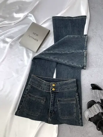 两粒扣小口袋加绒牛仔喇叭裤女2023冬季新款显瘦百搭高腰马蹄裤潮图片