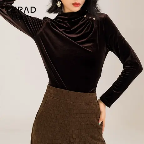 娅丽达高级感金丝绒打底衫女秋冬2023年新款高领慵懒风内搭厚T恤商品大图