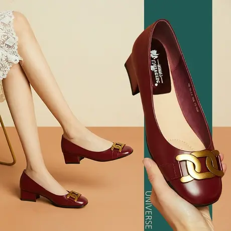 春季新款真皮手工舒适皮鞋女中跟粗跟复古方头酒红色上班单鞋商品大图